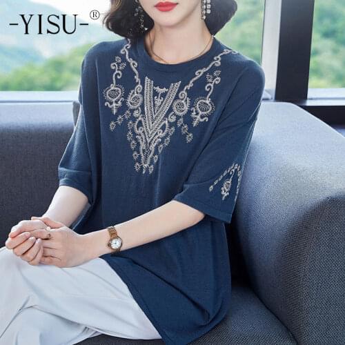 YISU Womens clothing O-Neck Fashion Printing Summer tops Short sleeve Jumper Female Casual Knitted Thin T-shirt