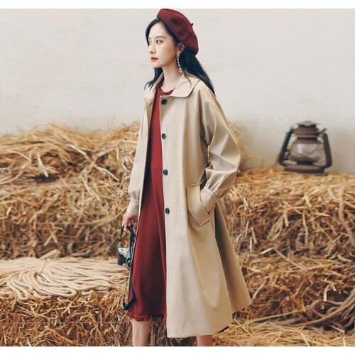 Windbreaker Womens Mid-length Korean Version Loose Student 2021 Female Autumn Plus Size The Knee Fashion Doll Collar Trench Coat