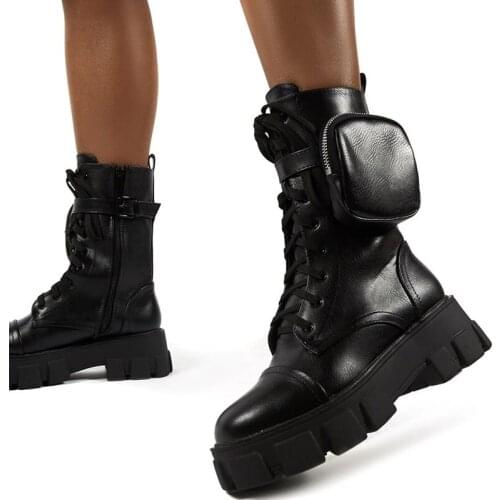 Womens Boots Pocket Lace up Ladies Ankle Boots Female Combat Runway Buckle Strap Zipper Ankle Boot Woman Platform Shoes Fashion