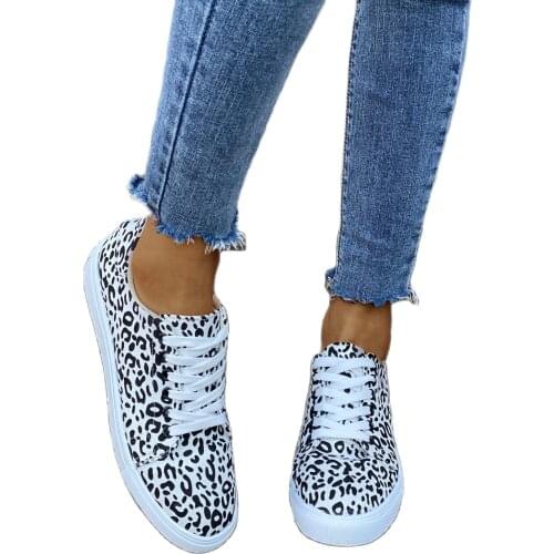 Womens Sneakers Flat Leopard Print Stitching Large Size Casual Non-slip Canvas Sports Running Light Comfortable Slippers Shoes