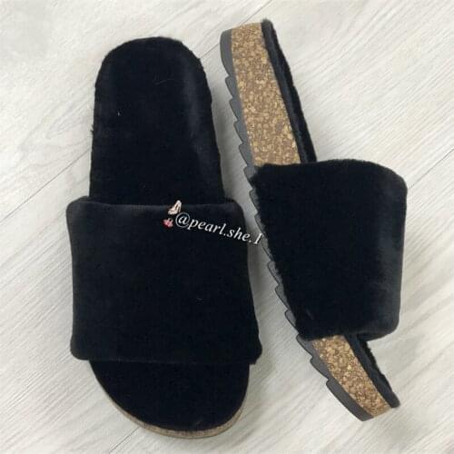 Female Real Fur slippers Women shoes Outside shoes designer slippers women famous brands Comfortable Faux Fox fur Winter slipper