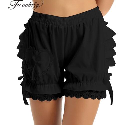 Womens Vintage Victorian Gothic Pantaloons Costume Elastic Waist Layered Ruffle Lace Trim Loose Pumpkin Shorts Bloomers Shorts