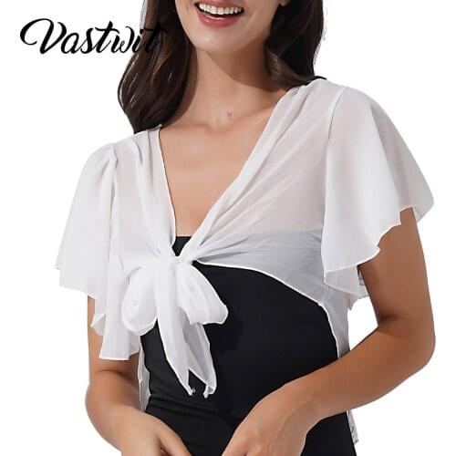 Women Short Sleeve Sheer Chiffon Shrug Tie Front Bolero Cardigan