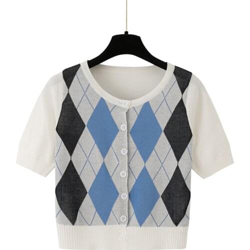 Summer New Knitted Sweater Womens Short Sleeve O Neck Slim Casual Cardigan Female Single Breasted Spliced Argyle Short Knitwear
