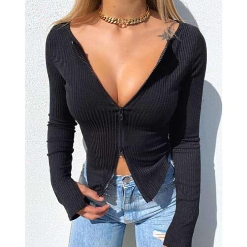 Women Front Zipper Ribbed Crop Top Autumn Solid Zip Long Sleeve V Neck Tight Knitwear Shirts Tops Jacket Ribbed Knit Sweaters