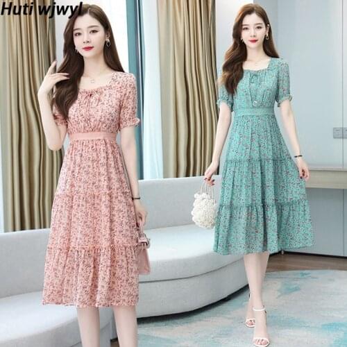 Spring Summer Pink Floral Chiffon Casual Beach Sundress Women Party Bodycon Maxi Vestidos 2021 Vintage Plus Size Boho Midi Dress