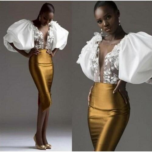 Exaggerated Sleeve Gold Sheath Evening Dress African Sheer Neck Appliques Women Slim Cocktail Prom Party Gowns 2021 Celebrity