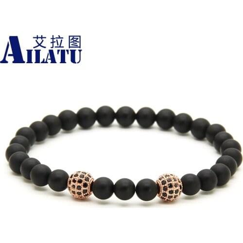 Ailatu Wholesale 10pcs/lot High Grade Jewelry 8mm 2 Micro Inlay Black cz Beads Bracelets with 6mm Matte Onyx Stone