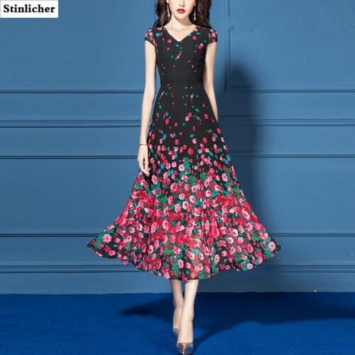 Bohemian Beach Dress Women Summer Boho Casual Red Flower Printed Long Chiffon Maxi Dress Ladies Fashion Slim Work Dress Robe