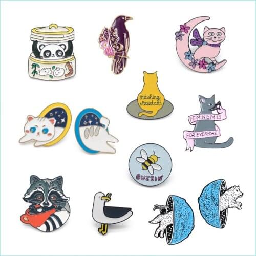 Cartoon Animal Cat Dog Panda Bird Wolf Dove Pink Flower Moon Enamel Brooch Alloy Badge Denim Clothes Bag Pin Cute Sweet Jewelry
