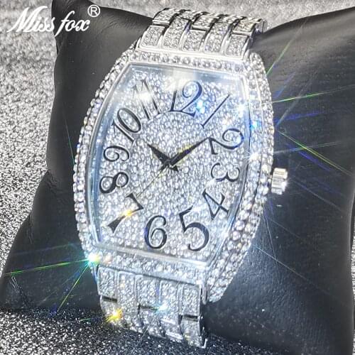 MISSFOX New Men Watches Tonneau Luxury Diamond Silver Quartz Watch Top Brand 30M Waterproof Dive Big Dial Clocks Jewelry 2021