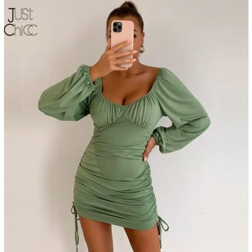 Justchicc Drawstring Sexy Bodycon Dress Women Ruched Long Sleeves Backless Summer Dresses Solid O Neck Mini Dress 2021