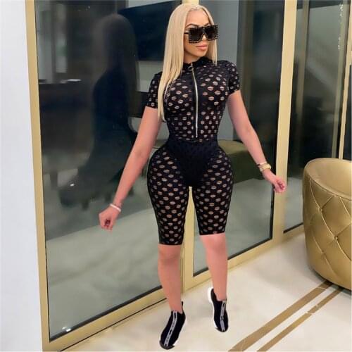 CHRONSTYLE Jumpsuits 2021 Sexy Women One-piece Suit Short Sleeve Hollow Out Bodycon Playsuits Front Zip Up Bodycon Biker Shorts