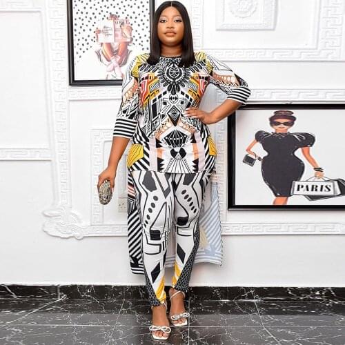 African Geometric Pattern Two Piece Set Tracksuit for Women Three Quarter Sleeve Irregular Tops and Pencil Legging Co-ord Suit