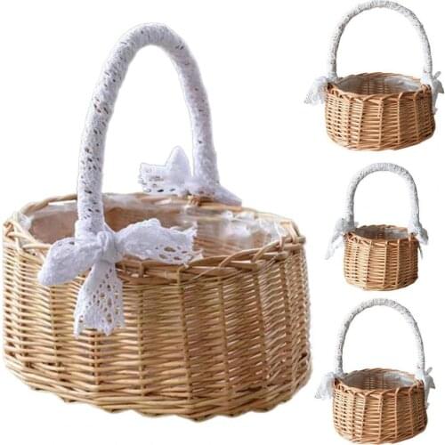 Flower Basket Lace Design Ornamental with Handle Picnic Foods Storage Basket for Hiking Rattan Woven Lace Flower Basket Storage