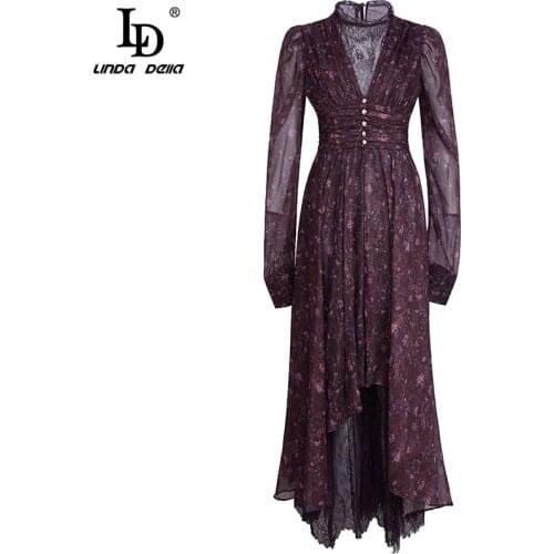 LD LINDA DELLA New 2021 Spring Summer Fashion Runway Elegant Party Dresses Women V Neck Peplum Ruched Lace Asymmetrical Dress