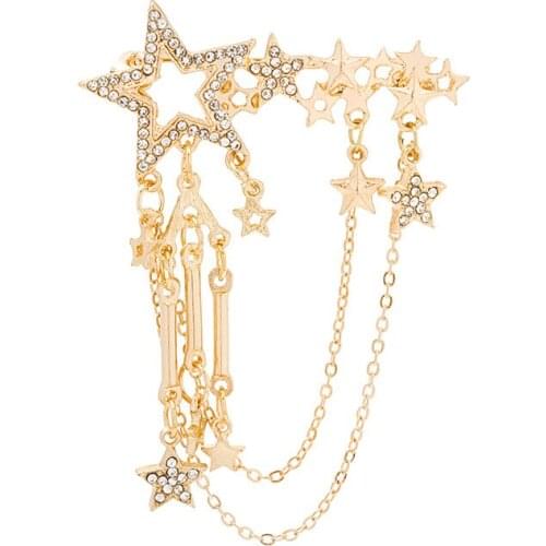 Metal Star Crystal Brooch Rhinestone Tassel Chain Corsage Shirt Suit Collar Pins Fashion Jewelry for Women and Men Accessories