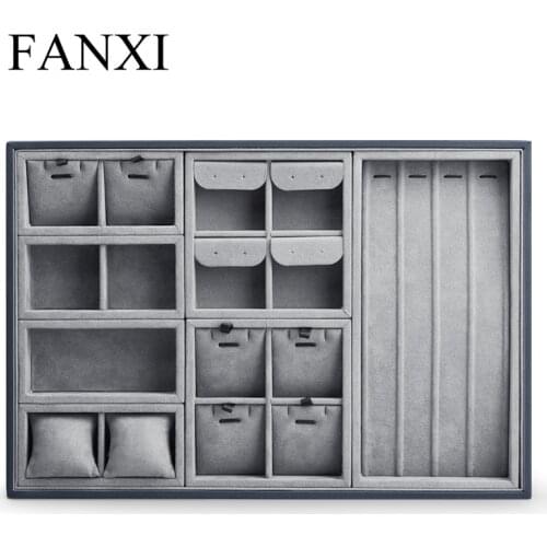 Fanxi Velvet Jewelry Display Tray Grey Necklace Ring Bracelet Otganizer Tray Jewelry Storage Holder Earring Holder