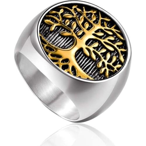 Hot Sale 316L Titanium Steel Gold Color Tree of Life Finger Ring Punk Rock Mens Jewelry Size 8-12# drop shipping