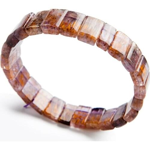 Genuine Natural Purple Gold Titanium Cacoxenite Rutilated Quartz Crystal Rectangle Bead Bangles Bracelets For Women