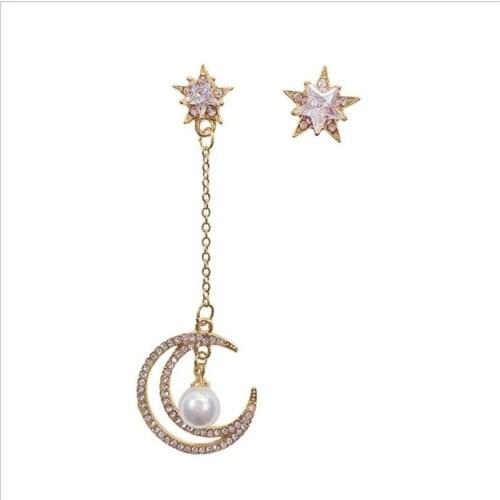 Creative Asymmetric Imitation Pearl Drop Earrings Charming Star Moon Long CZ Earrings For Women Wedding Jewelry