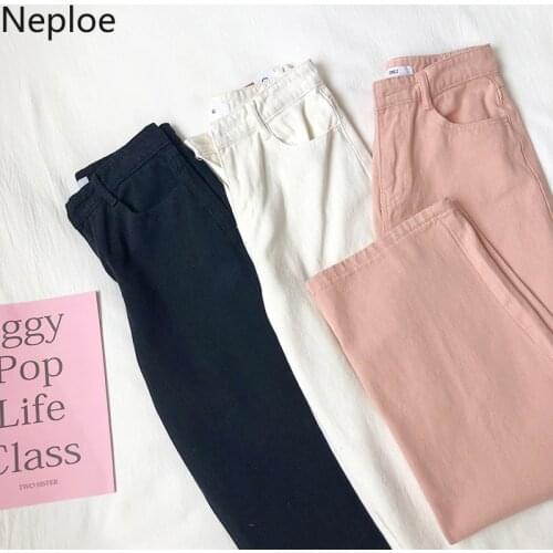 Neploe 2021 Korean Women Retro Wide Leg Pants Straight White Black Pink Trouser High Waist Jeans Fashion Streetwear Denim Pants