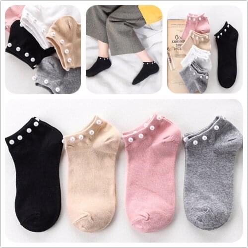 Shallow Mouth Socks Solid Socks Imitation Pearl NEW for Girls Women 's Lovely Casual Summer Comfortable Cotton 1 Pair Women