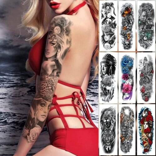 Great Tattoo Sleeve for Open Arm Leopard Beauty Girl Waterproof Tattoo Temporary Sticker Moonlight Rose Full Skull Tattoo Woman