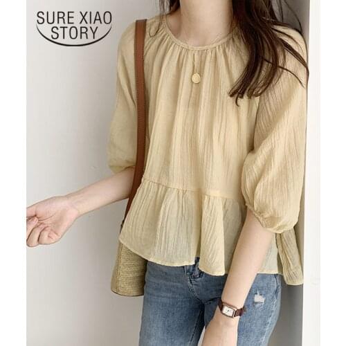 Plus Size Japanese Style Sweet Chiffon Shirt Summer Loose Womens Blouse 2021 Round Neck Ruffled Pleated Top Female Blusas 15371
