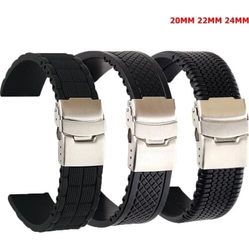 Silicone Strap Folding Buckle Black Tire pattern Generic Watchband Waterproof Sport Strap for Men Women Newest 20mm 22mm 24mm