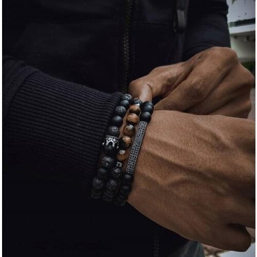 2020 Luxury New Men Bracelet 3Pcs/Lot 8mm Stone Beads Bracelet Sets For Men Fashion Cubic Zircon Crown Bar Bracelet Jewelry Gift