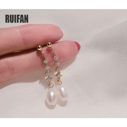 Ruifan Elegant Mermaid Teardrop Natural Pearls Drop Dangle Earrings Cubic Zirconia Gold 925 Sterling Silver Earring Women YEA410