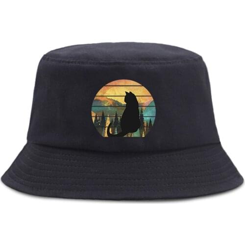 Little Black Cat Puzzle Retro Print MenS Panama Hat Fashion Sunscreen Sun Womens Bucket Hats Foldable Hip Hop Men Fisherman Cap