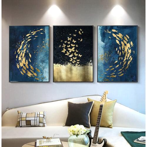Nordic Golden Black Fish Butterfly Wall Art Canvas Poster Print Canvas Painting Decorative Picture for Living Room HD Home Decor