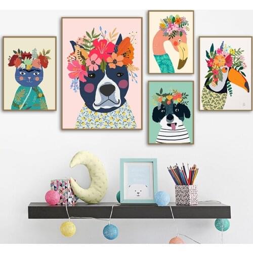 Nordic Colorful Flower Pets Flamingo Dog Cat Toucan Canvas Painting Wall Art Posters And Prints Wall Pictures Kids Room Decor