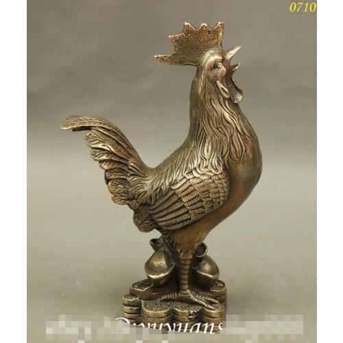6" Folk Chinese Auspicious Bronze Copper Zodiac Cock On YuanBao Statue Figurine