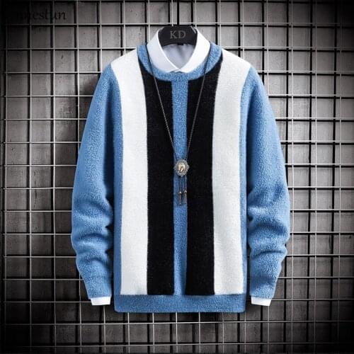 New Sweater Mens Clothing New Winter Casual Pullover Tops Men Warm Imitation mink Color stitching Christmas Sweaters Man