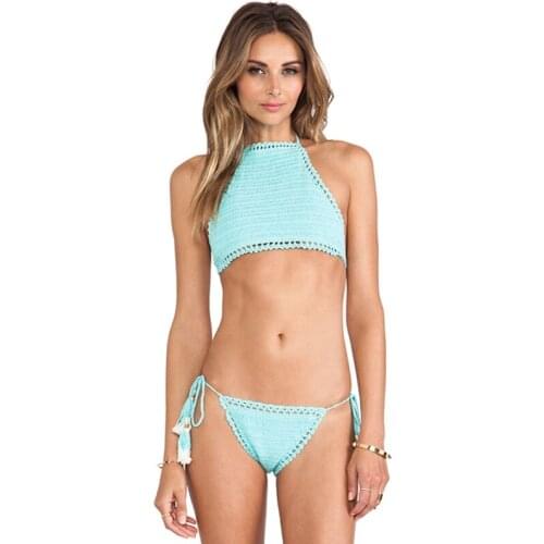 Handmade Crochet Bikini Set, Halter Swimsuit Top and String Bottoms, Multicolor Swimwear Beachwear