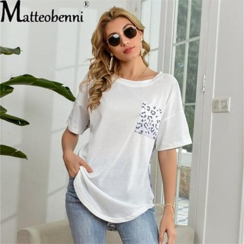 2021 Summer Women Leopard Print Stitching Pocket Short-Sleeve Loose Printed Round Neck T-Shirt Fashion Casual Streetwear T-Shirt