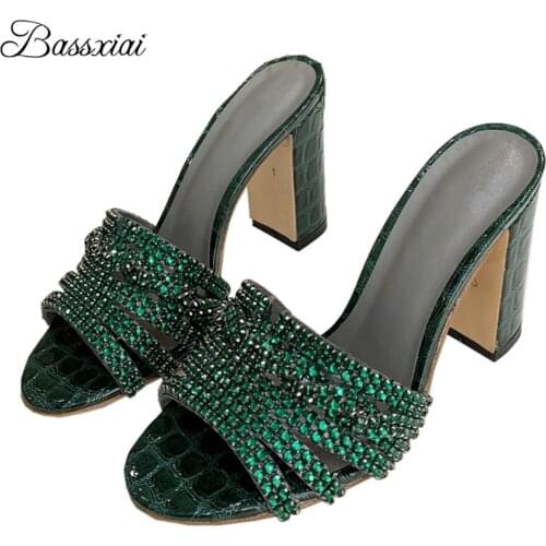 Crystal Rhinestone Runway Mules For Ladies Chunky Heel Sexy Open Toe Genuine Leather Slingbacks Crystal Sandals Women Summer