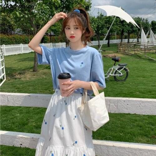Women Sets Short Sleeve T-shirt Flower Midi Skirts O-neck Patchwork Embroidery Korean Style Chiffon Casual Chic Summer Sweet New