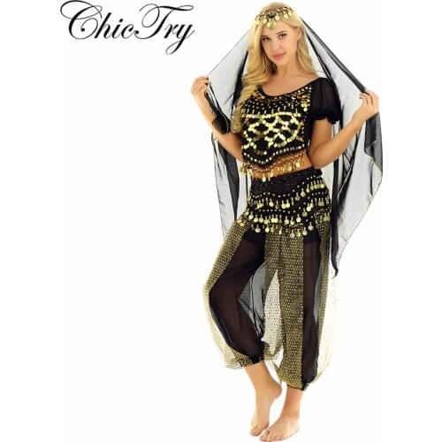 Women Girls Dance Halloween Carnival India Dance Costume Set Outfit Set Coins Top with Harem Pants Hip Scarf and Head Scarf