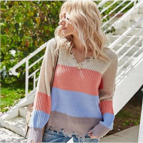 Babbytoro Women Sweater Christmas V Neck Knited Stripe Oversize Block Color Long Sleeve Pullover Sweaters Pink Green Plus Size