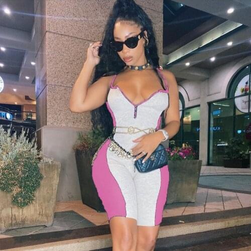 Sexy Zipper V Neck Sling Women Romper Jumpsuit Casual Knit RiB Bodycon Bodysuit Bodys Sports Club Backless Biker Shorts Playsuit