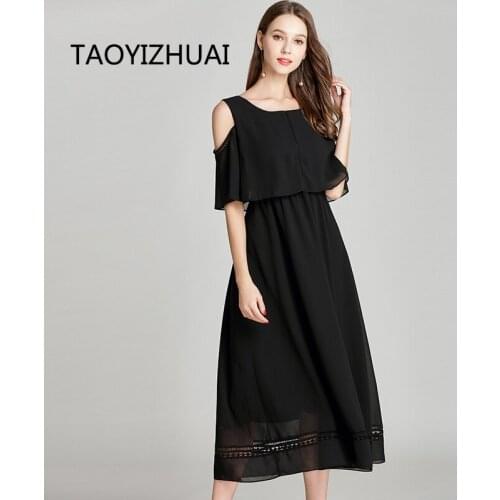 TAOYIZHUAI Summer New Arrival Black Dew Shouder Cloaks half Sleeves Ankle Length O-Neck Plus Size Long Chiffon Women Dress 11686