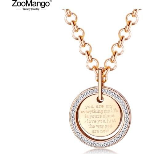 ZooMango Classic Letter Geometry Round Card Pendant Necklace Stainless Steel Love You Forever Choker Necklace For Women ZN19142