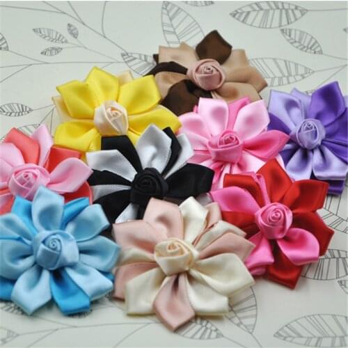 10pcs Big Ribbon Flowers W/rose W/rose leaf Appliques Wedding Deco Craft B266
