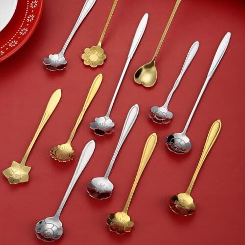3pcs Stainless steel Mixing spoon long handle Dessert coffee ice cream tea spoons Metal Retro Flowers Design Kitchen Tableware