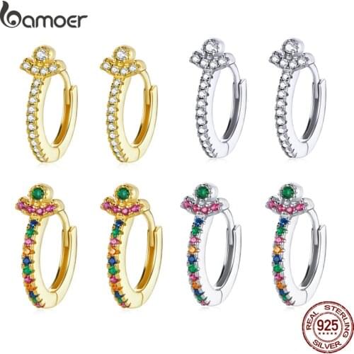 Bamoer Spanish 925 Sterling Silver Urban Style Multiple Colors Rainbow Zircon Gold Ear Buckle Earrings Hoop for Women SCE1186