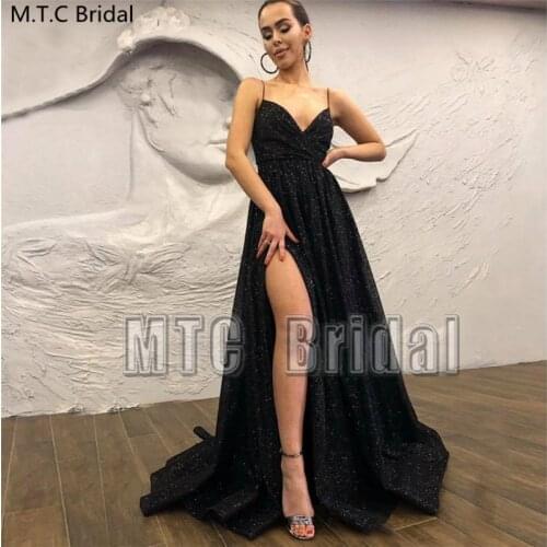 Glitter Black Sexy Long Prom Dresses With Slit Sweetheart Spaghetti Strap Plus Size Formal Dress Women Evening Party Gown Cheap